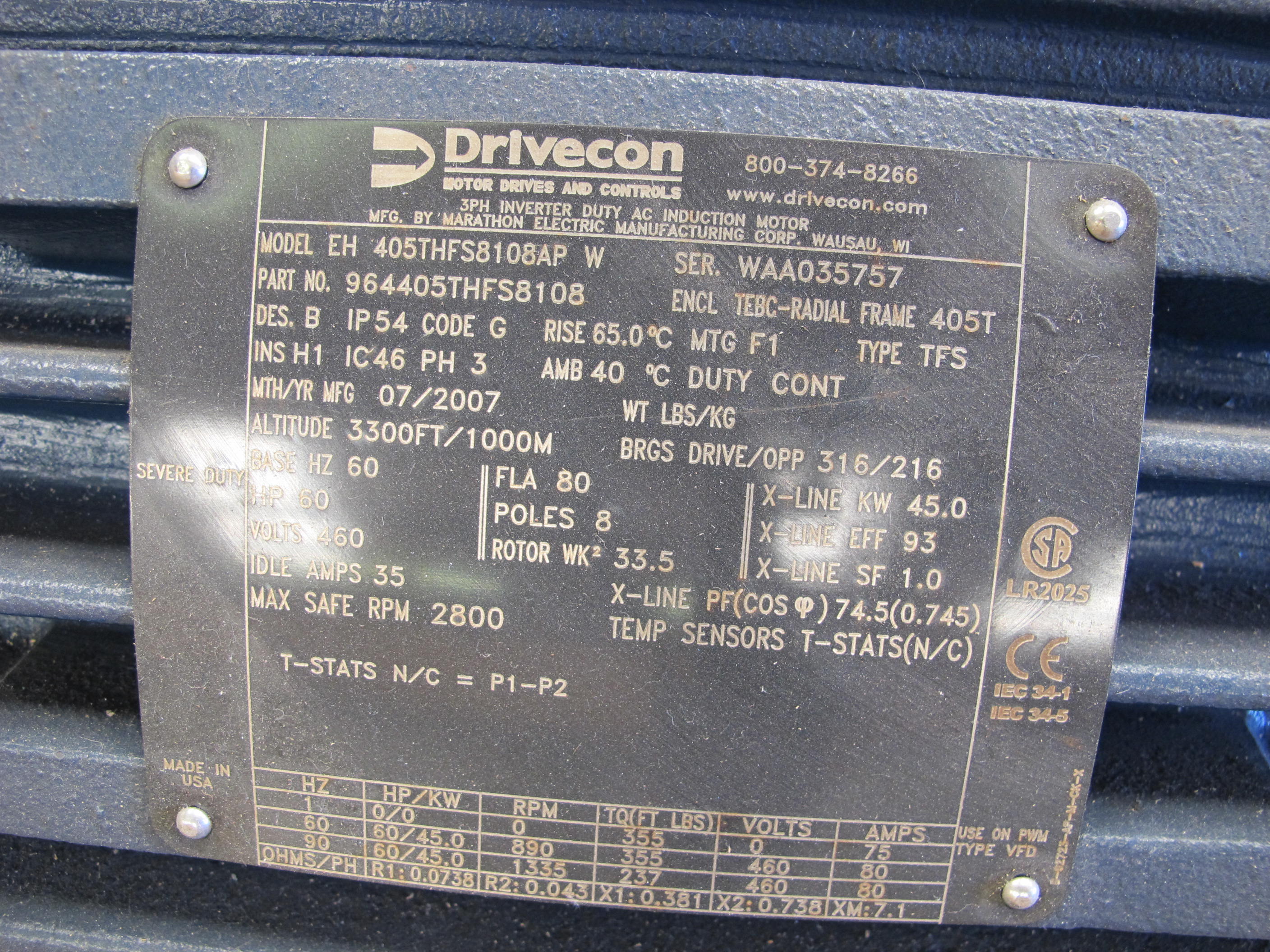 MOTOR, ELECTRIC TYPE, 60 HORSEPOWER, 460/3/60 ELEC RATING, 900 RPM, 405T FRAME, 80 AMPS, TEBC ENCLOSURE, INVERTER, PREMIUM SEVIRE DUTY, 1.0 SERVICE FACTOR. ACCESSORY HOIST, CLASS H INSUL, 435 AMPLR, RADIAL BLOWER, LAKESHORE SL56 ENCODER 1024PPR, 110V/126W HEATER. NEMA4 DISK BRAKE, 1400LB 86,000 SERIES460/1/60 W/HEATER, CLASS H. PART # 405THFS8108 (W-44) LOADING & HANDLING FEE $15-